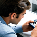 A professional, focused individual in modest, appropriate attire, carefully examining an old Game Boy cartridge with a thoughtful expression. The subject is seated at a clean, well-lit desk, with a classic Game Boy console subtly placed in the background, evoking a sense of nostalgia and preservation. The image features perfect anatomy, correct proportions, well-formed hands, and a natural pose. High-resolution, professional photography, natural lighting, safe for work, appropriate content, fully clothed, professional.