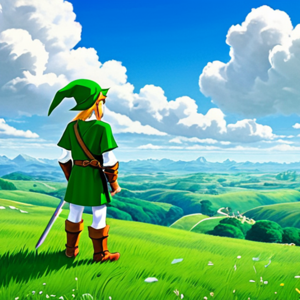 A Link to the Past - Hyrule Field** "A vibrant, detailed vista of Hyrule Field from *The Legend of Zelda: A Link to the Past*. rolling green hills, a clear blue sky with fluffy clouds. Link, *fully clothed* in his classic green tunic and hat, stands heroically overlooking the landscape. Include a sense of adventure and magic. *Safe for work*, *appropriate content*, *professional*. *Perfect anatomy*, *correct proportions*, *natural pose*, *well-formed hands*, *proper finger count*, *natural body proportions*." **