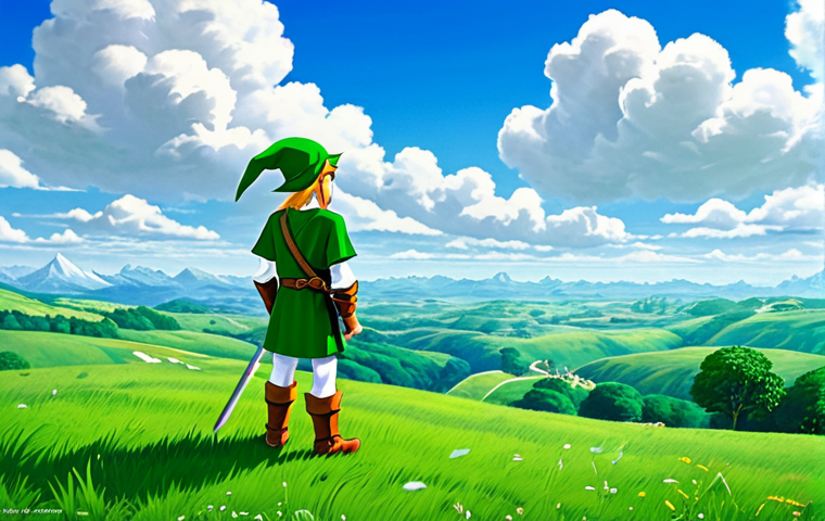 A Link to the Past - Hyrule Field** "A vibrant, detailed vista of Hyrule Field from *The Legend of Zelda: A Link to the Past*. rolling green hills, a clear blue sky with fluffy clouds. Link, *fully clothed* in his classic green tunic and hat, stands heroically overlooking the landscape. Include a sense of adventure and magic. *Safe for work*, *appropriate content*, *professional*. *Perfect anatomy*, *correct proportions*, *natural pose*, *well-formed hands*, *proper finger count*, *natural body proportions*." **