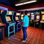 Retro Arcade Nostalgia** "A vibrant, retro-style arcade scene, featuring classic arcade cabinets like Pac-Man and Donkey Kong, fully clothed people of diverse ages are playing and enjoying themselves, the arcade has neon lights and a vintage feel, safe for work, appropriate content, perfect anatomy, natural proportions, family-friendly, professional photography, well-lit." **