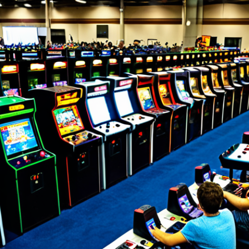 레트로 게임 박람회 준비 가이드 - Retro Gaming Convention Floor** "A bustling retro gaming convention hall, filled with arcade cabine...
