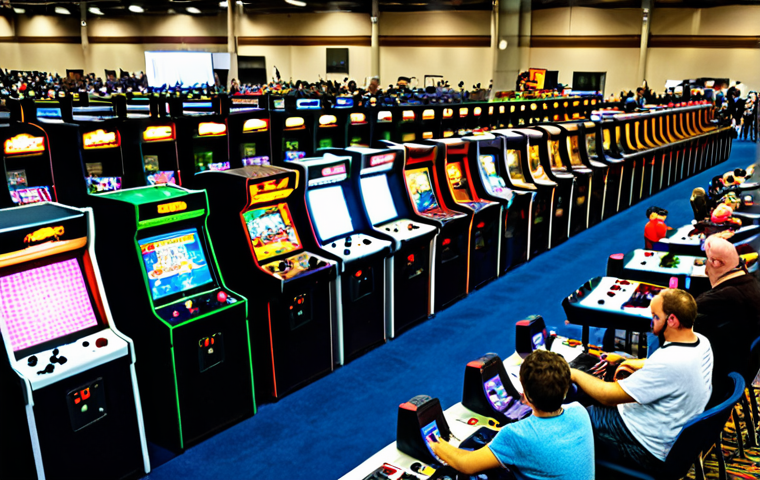 레트로 게임 박람회 준비 가이드 - Retro Gaming Convention Floor** "A bustling retro gaming convention hall, filled with arcade cabine...