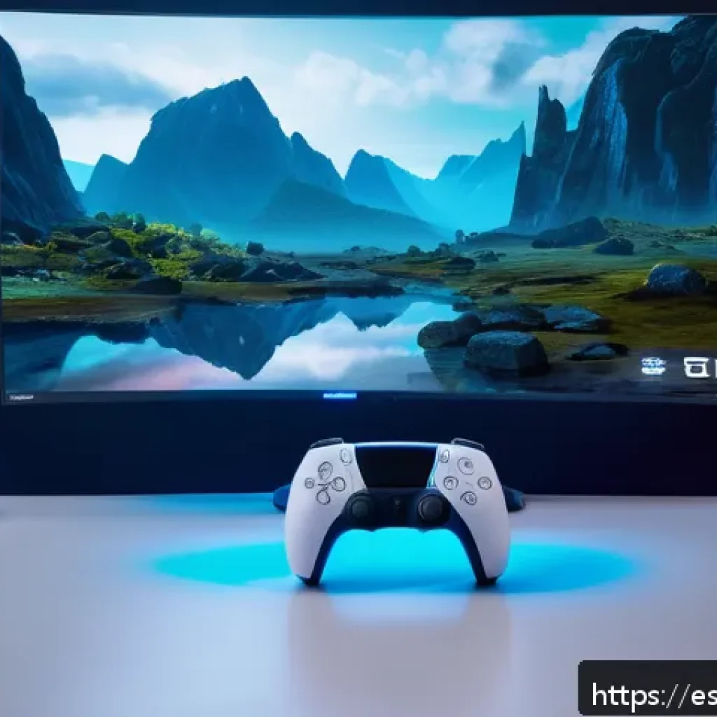 소니 비디오게임 콘솔의 히스토리 - A futuristic gaming setup showcasing a PlayStation 5 console with a sleek DualSense controller in th...