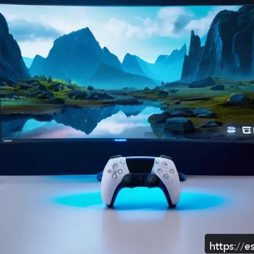 소니 비디오게임 콘솔의 히스토리 - A futuristic gaming setup showcasing a PlayStation 5 console with a sleek DualSense controller in th...
