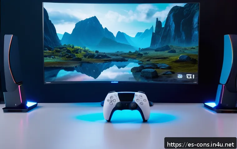 소니 비디오게임 콘솔의 히스토리 - A futuristic gaming setup showcasing a PlayStation 5 console with a sleek DualSense controller in th...